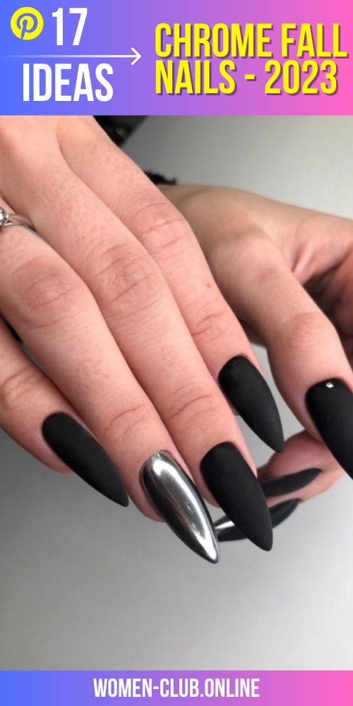 Edgy Fall Nail Design: Black Matte with Striking Chrome Accents