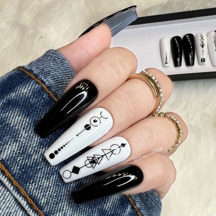 Chic Black and White Geometric Nail Design with Long Square Tips