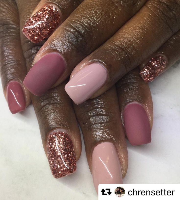 Sophisticated Nail Design: Matte Mauve and Soft Pink with Glitter Accents