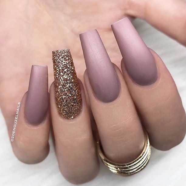 Chic Matte Mauve Nail Design with Glamorous Glitter Accent for Sophisticated Elegance.