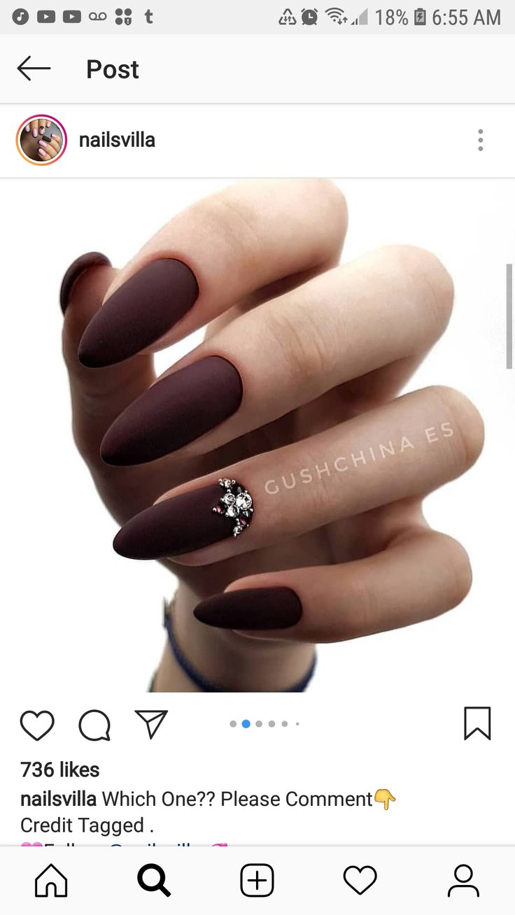 Chic Deep Burgundy Matte Nails with Sparkling Jewel Accent for Luxurious Style