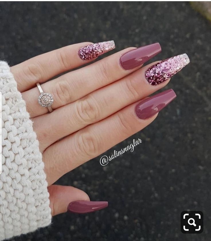 Glamorous Mauve Almond Nail Design with Glitter Gradient Tips for Sophisticated Elegance.