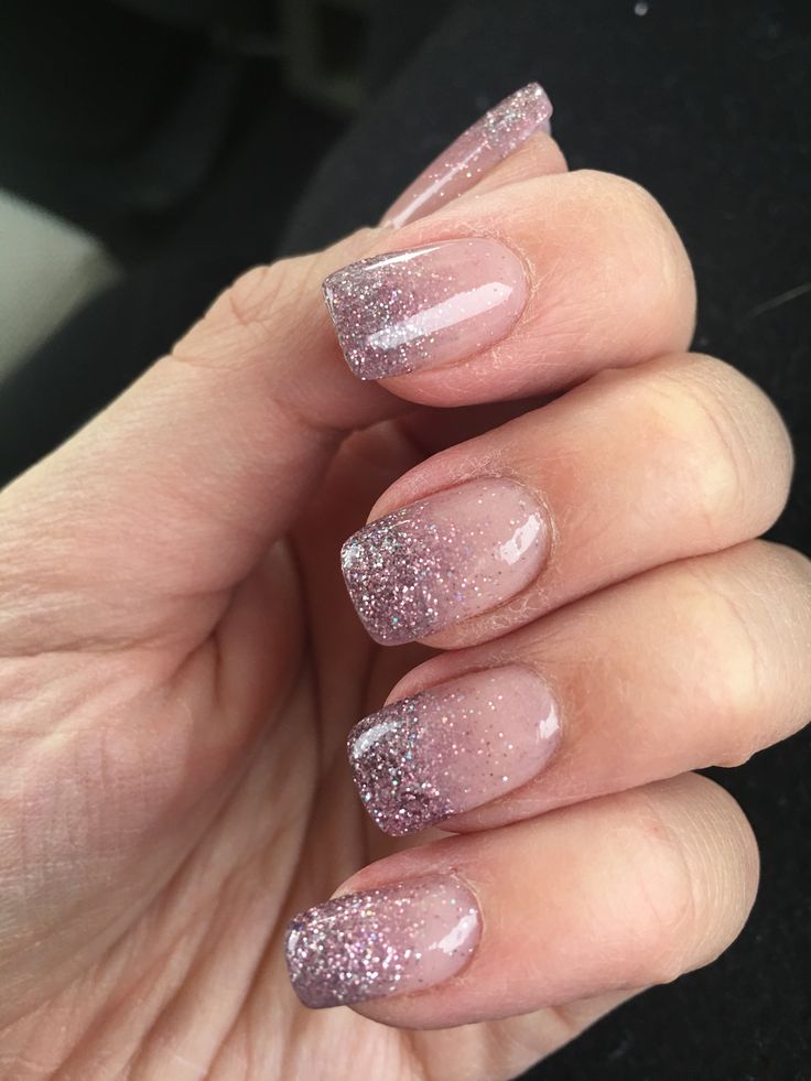 Elegant Glittery French Manicure with Soft Pink Base and Sparkling Tips