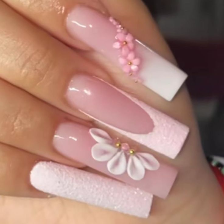 Delicate Pink Nail Art: Floral Accents and Textured Finishes for Every Occasion.