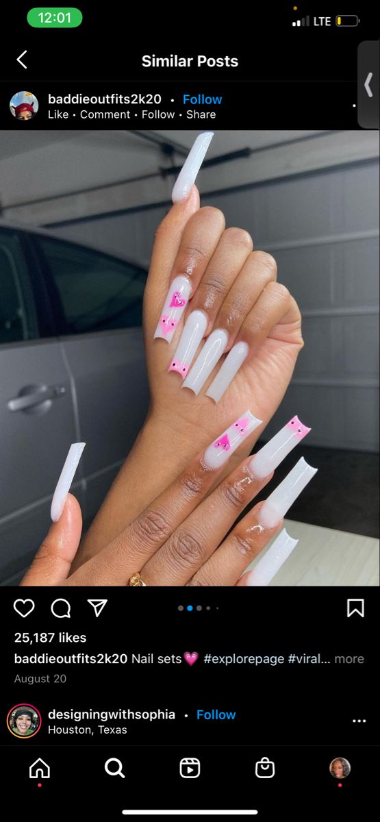 Trendy Long Nails: Clear Base with Playful Pink Accents and Whimsical Designs.