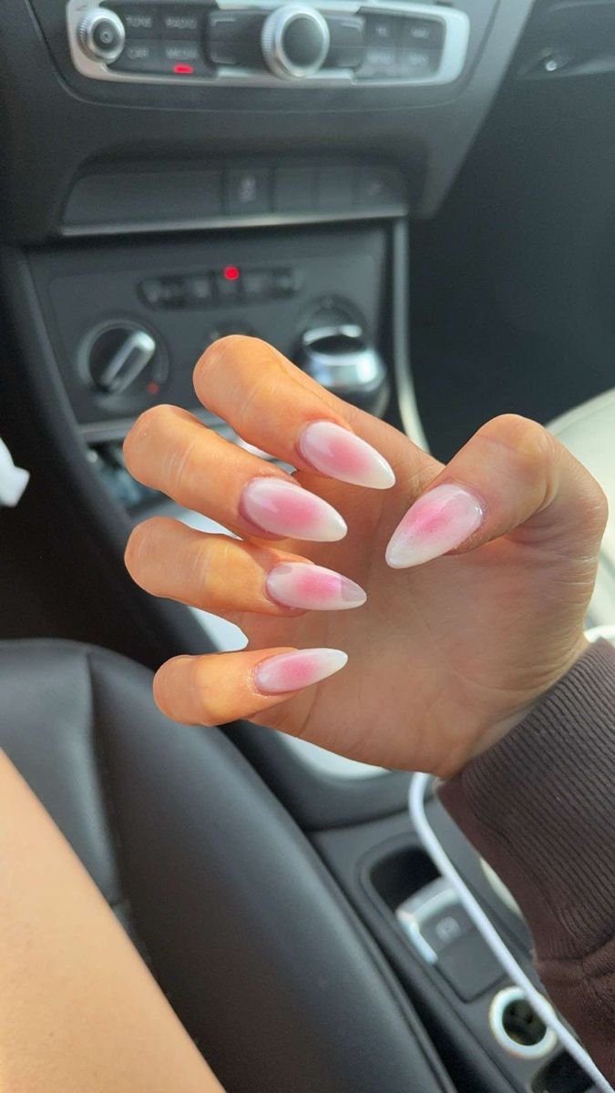 Chic Gradient Almond-Shaped Nails: Soft White to Delicate Pink Ombre Design