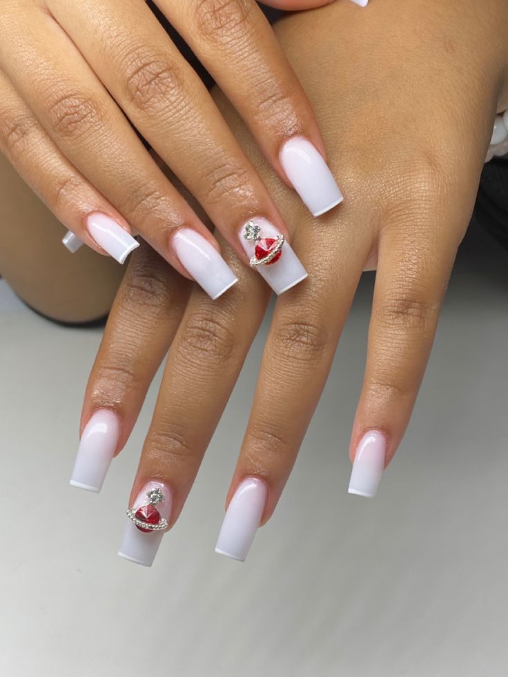 Glamorous Glossy White Square Nails with Intricate Red and Silver Accents