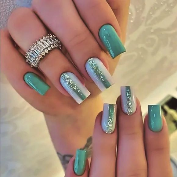 Chic Teal and Mint Gradient Nail Design with Sparkling Accents and Square Shape