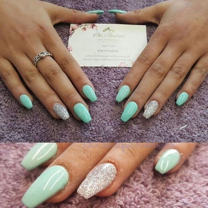 Elegant Pastel Mint Green Nails with Striking Silver Glitter Accent