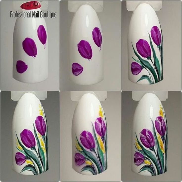 Stunning Floral Nail Designs Featuring Vibrant Purple Tulips on Crisp White Background