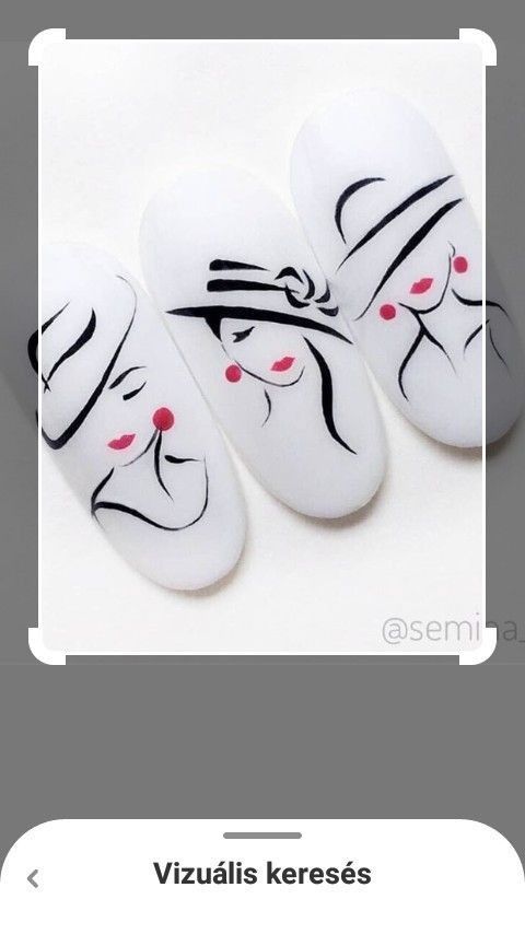 Chic Nail Art: Minimalist Line Drawings of Faces with Stylish Hats on a Monochromatic Background.