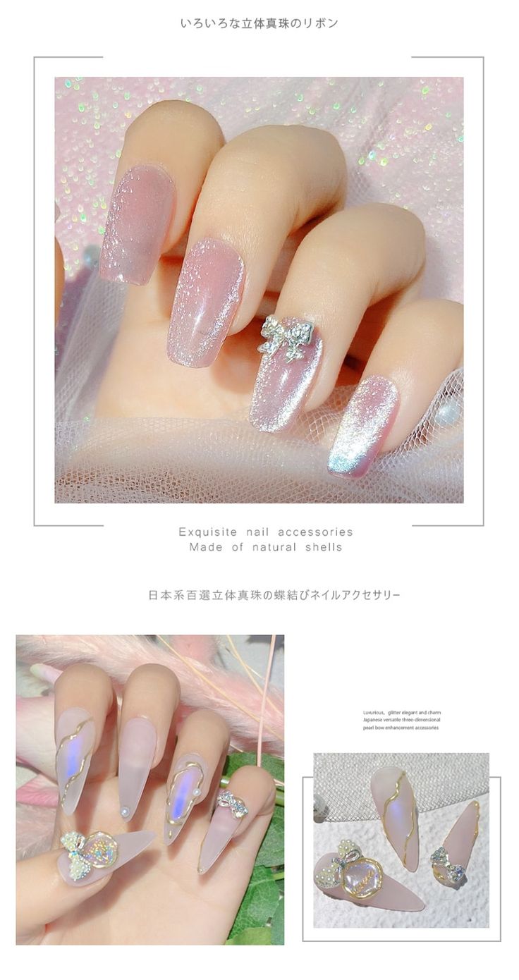 Sophisticated Nail Design with Translucent Shimmer and Intricate Accessories