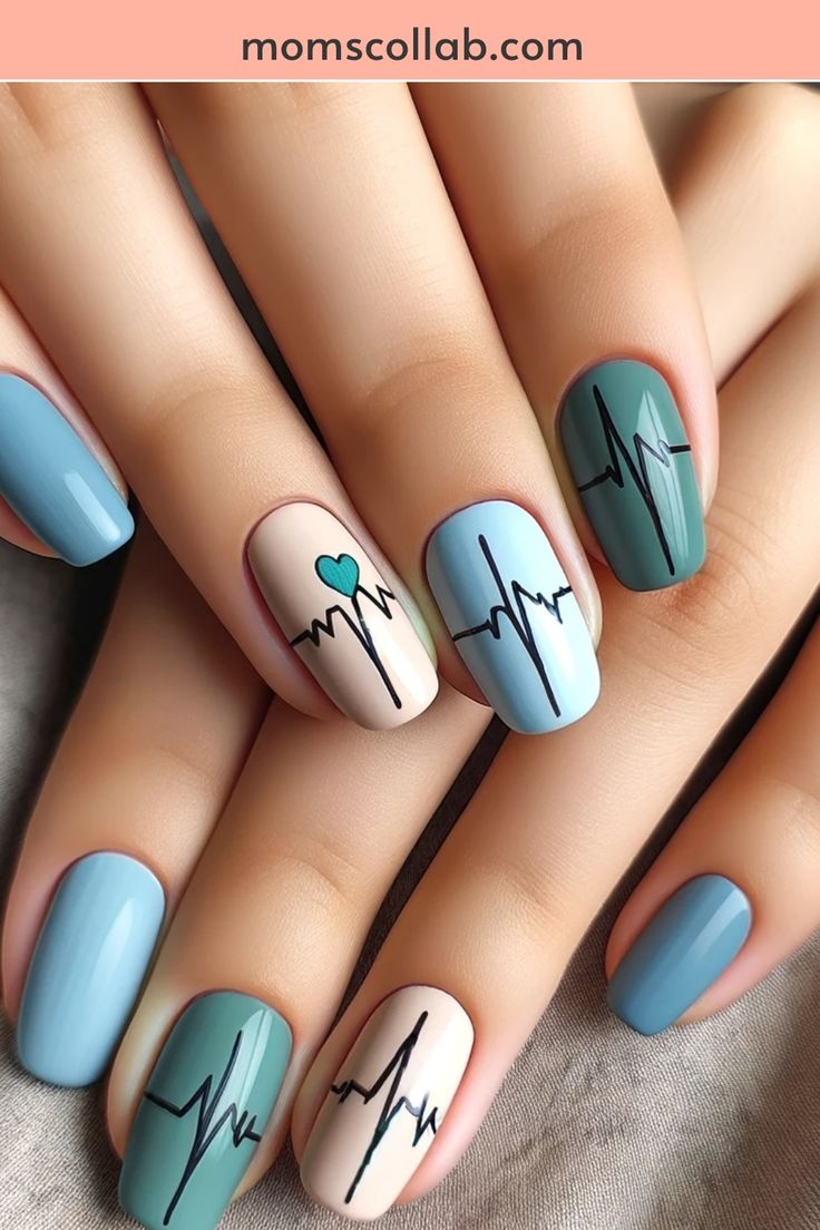 Modern Nail Design: Pastel Palette with Heartbeat Graphics and Heart Accents