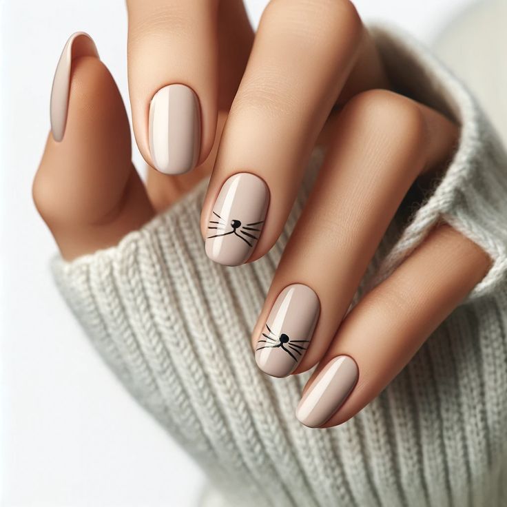 Whimsical Beige Nail Design with Playful Whisker and Nose Accents.