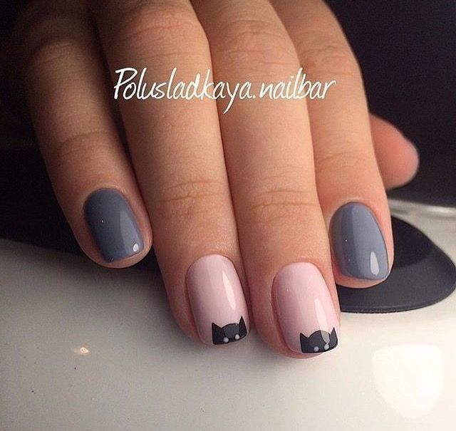 Chic Cat-Themed Nail Design: Stylish Gray and Pink Art for Cat Lovers.