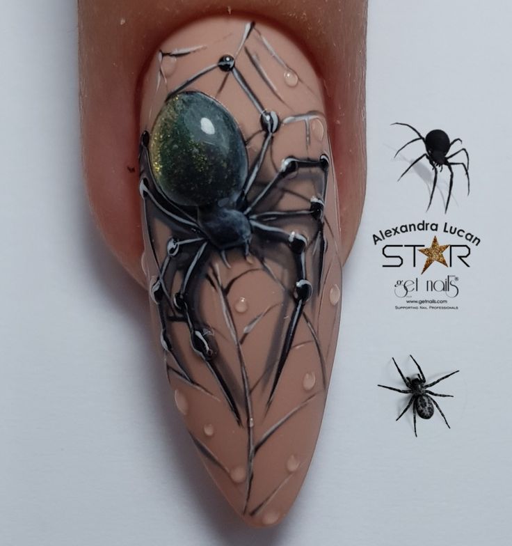 Elegant Spider Nail Art: Realistic Web Design with Striking Contrasts for Autumn Themes.