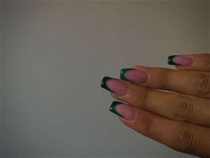 Chic French Manicure with Rich Green Tips and Soft Pink Base for Elegant Versatility.