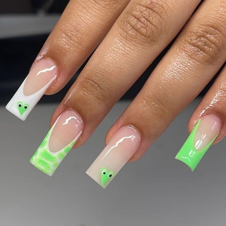 Whimsical Alien-Inspired Nail Design with Vibrant Greens and Unique Patterns