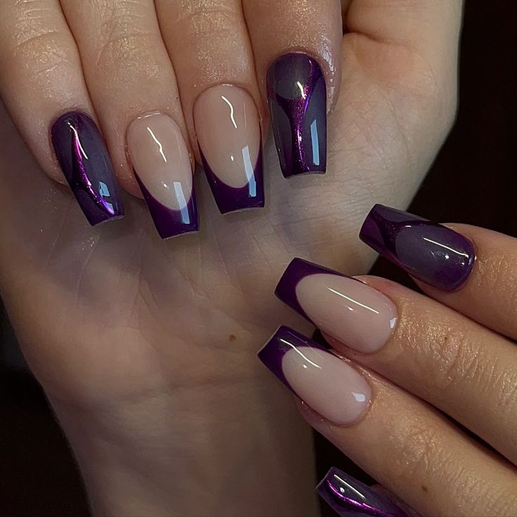 Chic Deep Purple and Nude Nail Design with Artistic Swirls for a Bold Statement.