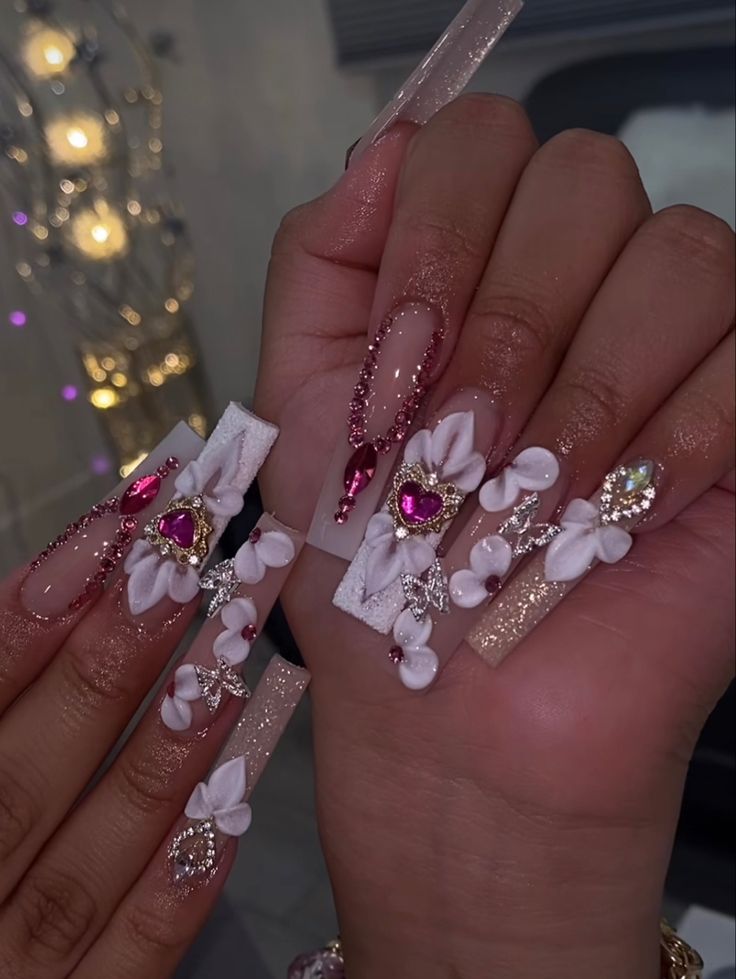 Glamorous 3D Floral and Gem-Embellished Coffin Nail Design.