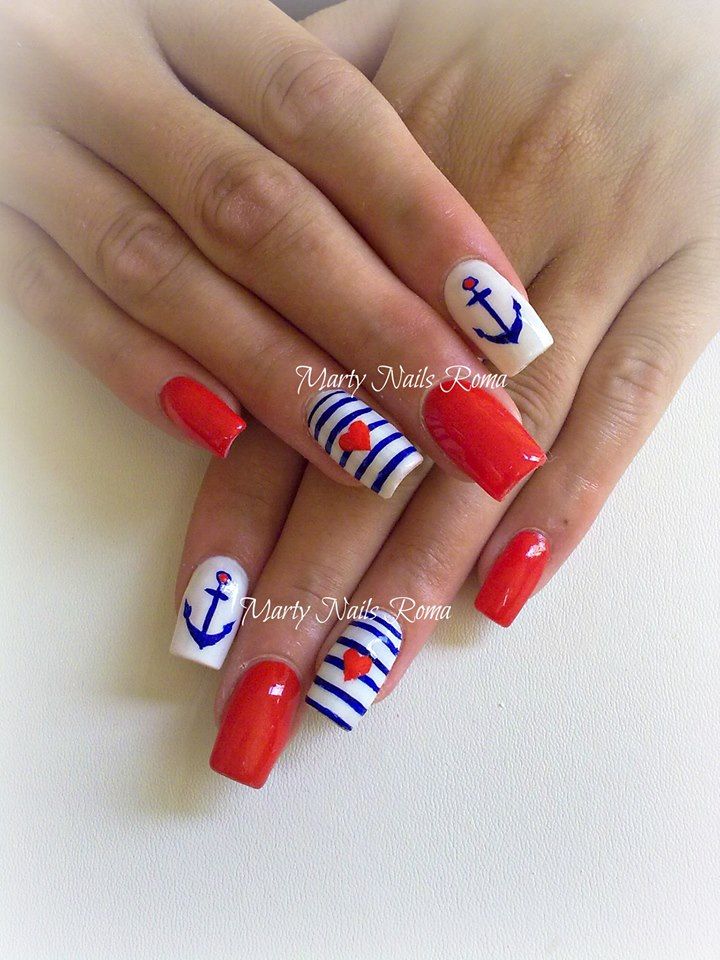 Bold Red and White Nautical Nail Design for a Fresh Summer Look.