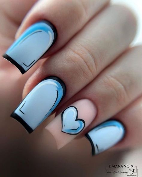 Chic Blue and Pink Nail Design with Heart Accents for a Stylish Manicure.