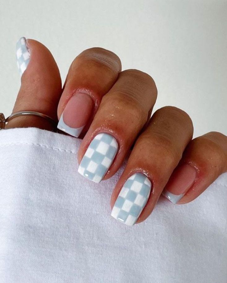 Playful Pastel Blue Checkered Nail Design with Matte and Glossy Finishes.