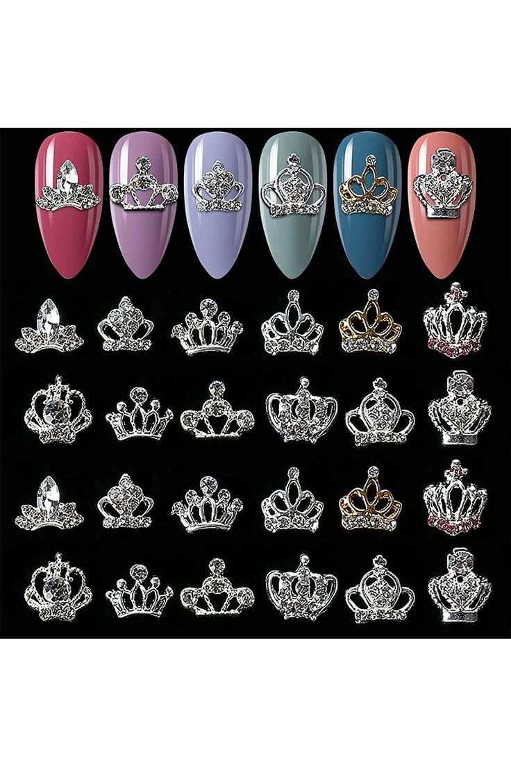 Elegant Nail Art Designs with Intricate Crown Embellishments in a Spectrum of Colors.