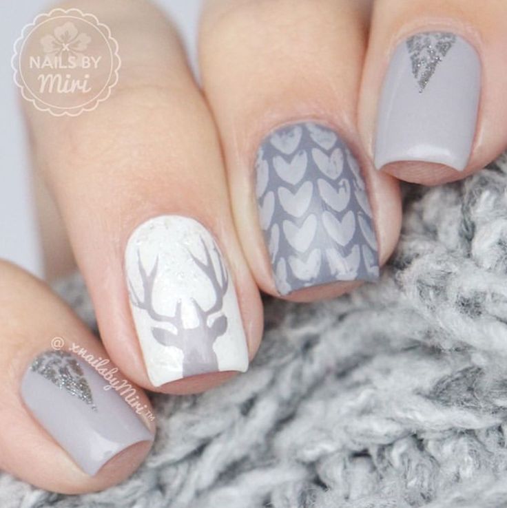 Charming Whimsical Nail Art with Soft Gray Palette and Sparkling Accents