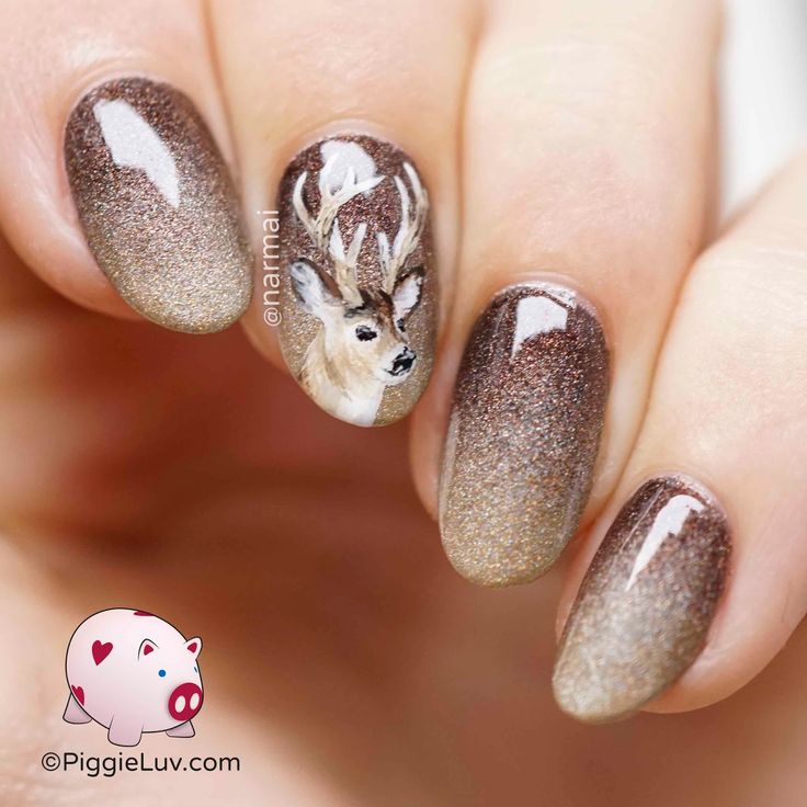 Elegant Gradient Nail Design with Deer Illustration in Rich Earthy Tones.