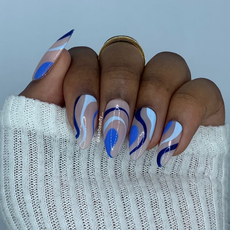 Elegant Wavy Abstract Nail Design in Blue and Pink with Geometric Patterns