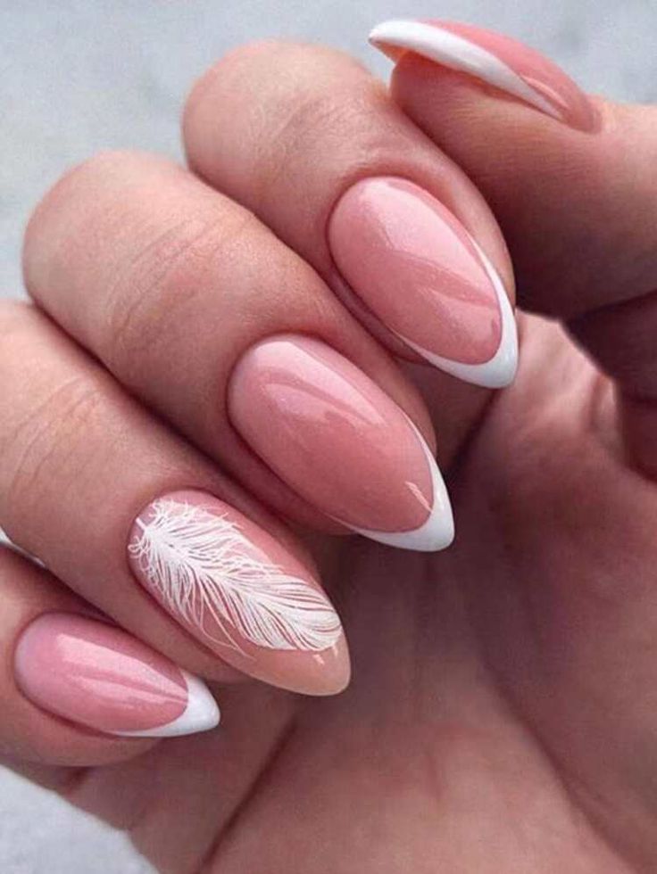 Elegant Almond-Shaped Nails with Soft Pink Base and Artistic Feather Motif.