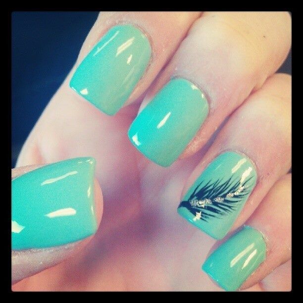 Elegant Turquoise Nail Design with Glossy Finish and Sophisticated Black Feather Embellishment