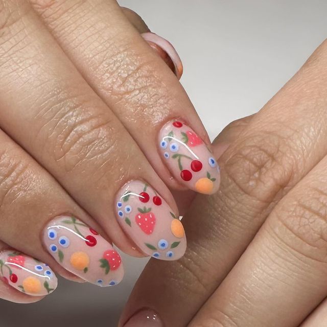 Whimsical Fruit Motif Nail Design for a Cheerful and Minimalist Aesthetic.