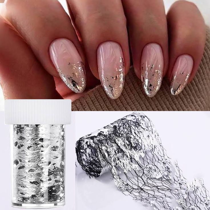 Chic Nude Nail Design with Shimmering Silver Accents and Metallic Foil Flakes.