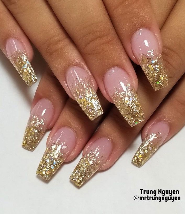 Stunning Elegant Ombre Nails: Soft Pink to Dazzling Gold with Glitter for Special Occasions