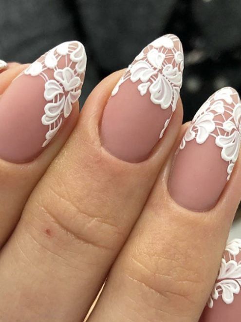 Sophisticated Soft Pink Nail Design with Delicate White Lace and Unique Finish.