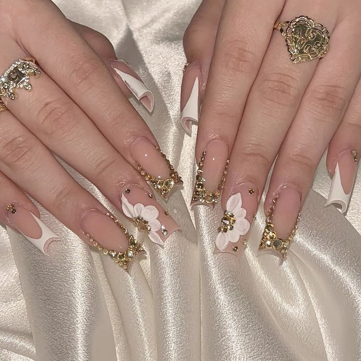 Sophisticated Floral Acrylic Nails with Gold Accents for Glamorous Occasions