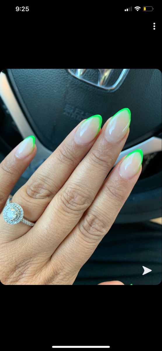 Chic Almond-Shaped Nail Design with Vibrant Green Tips