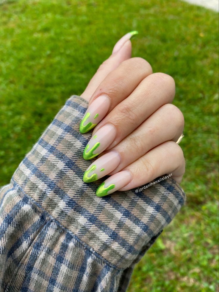 Chic Neon Green Drip Gradient Nail Design on Almond-Shaped Nails.