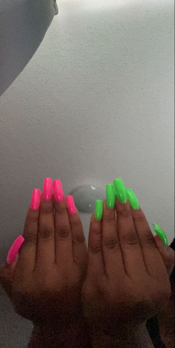 Bold Neon Nail Design: Striking Pink and Green Contrast on Long Glossy Acrylics