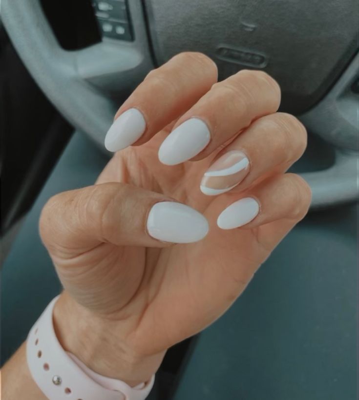 Chic Minimalist White Almond Nails with Matte and Glossy Accents