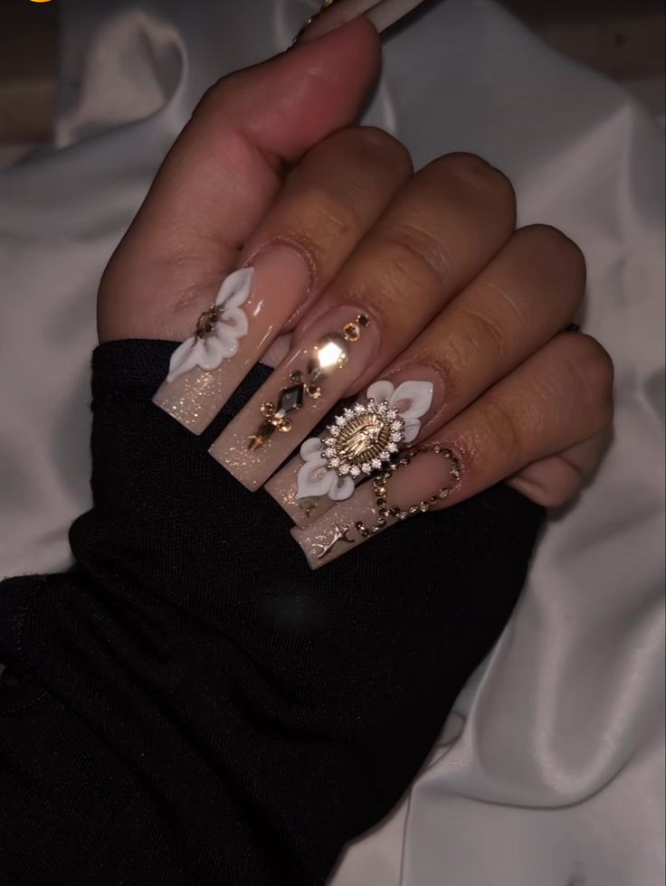 Glamorous Floral Nail Design with 3D White Flowers and Golden Accents