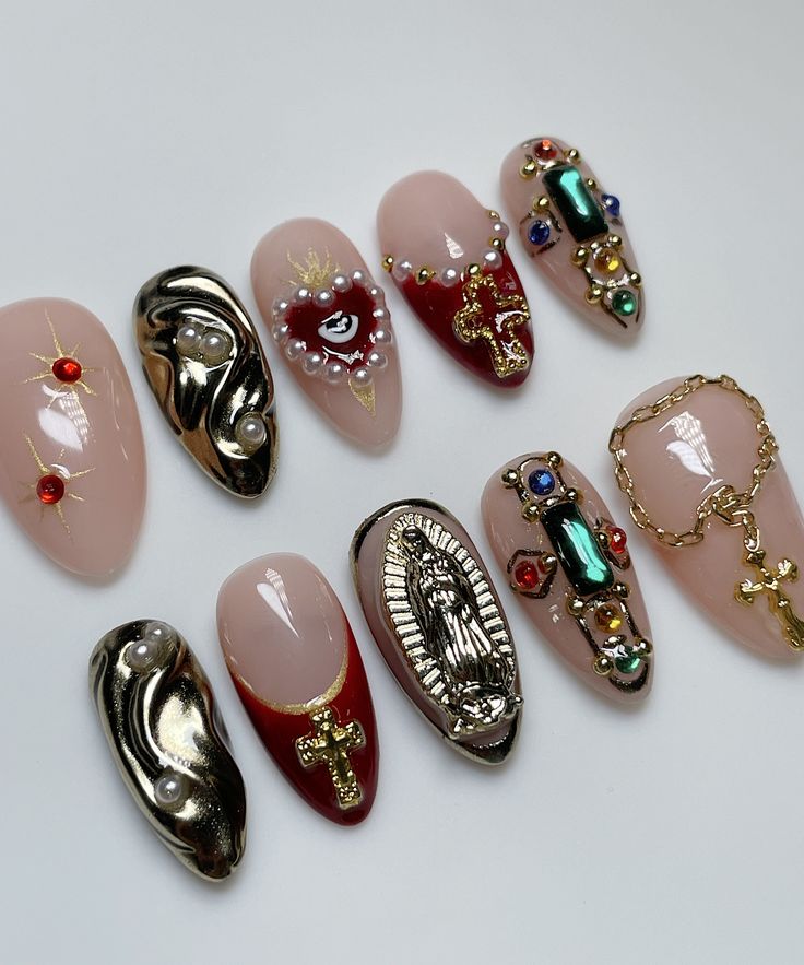 Diverse and Striking Eclectic Nail Design with Glossy Finishes and Textured Accents.