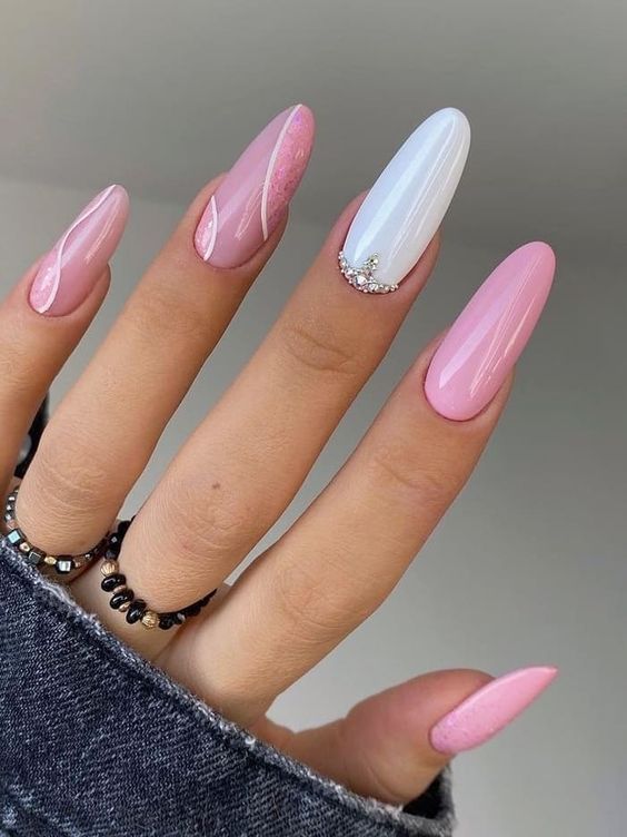 Elegant Chic Nail Design: Soft Pink and White with Crystal Accents