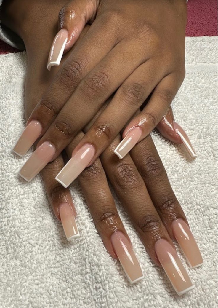 Sophisticated Long Square Nails: A Versatile Blend of Soft Nude and White Tips.