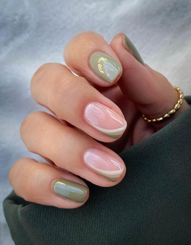 Chic Nail Design: A Modern Blend of Muted Tones and Elegant Curved Lines.