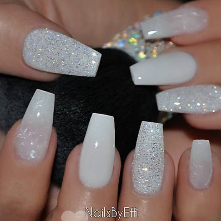 Chic White Glitter Nail Design: A Blend of Glossy Finish and Iridescent Sparkle