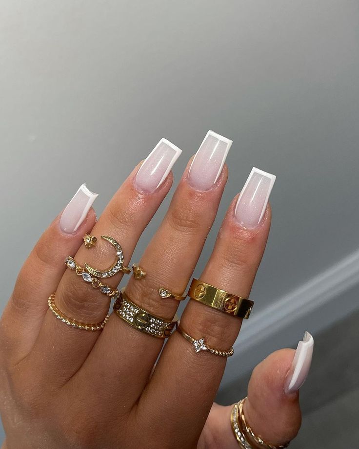 Chic Ombre Square Nails with Glossy Finish and Elegant Gold Ring Accents.