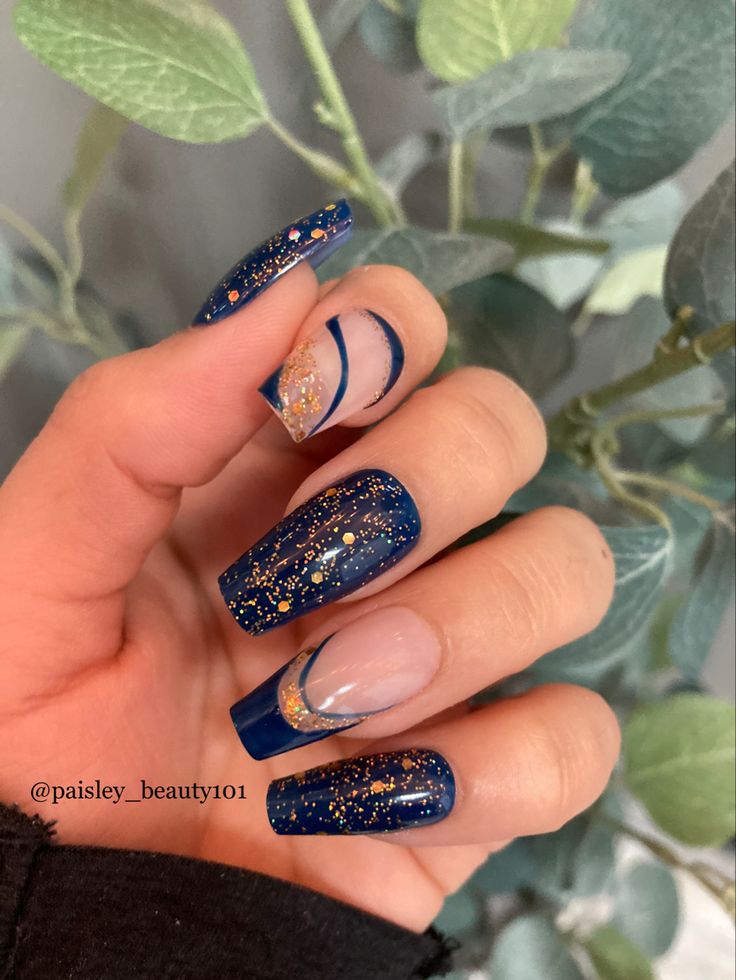 Sophisticated Navy Blue Nail Design with Gold Flecks and Modern Elegance